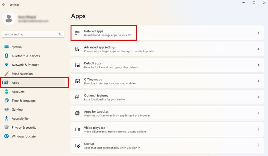 On the Settings window, navigate to Apps. Choose Installed Apps
