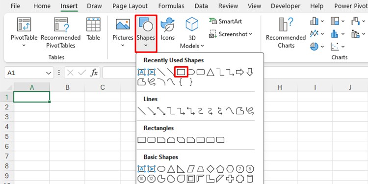 Insert Shapes in Excel