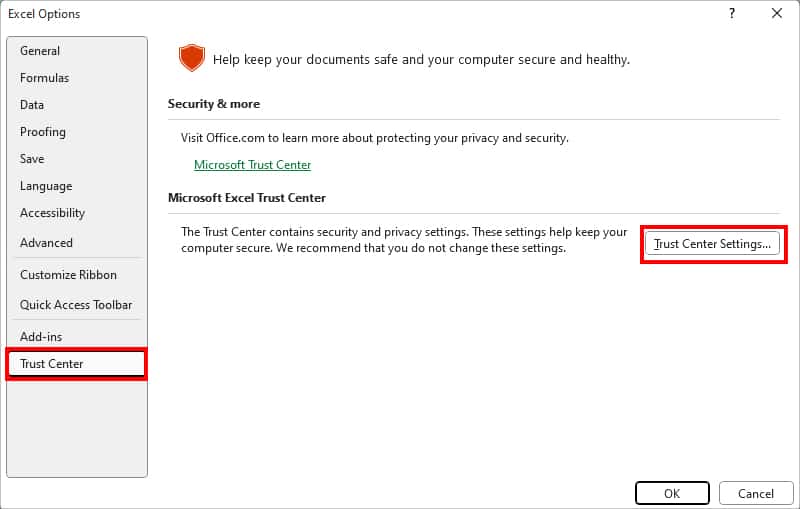 On Excel Options, head to Trust Center category. Click Trust Center Settings