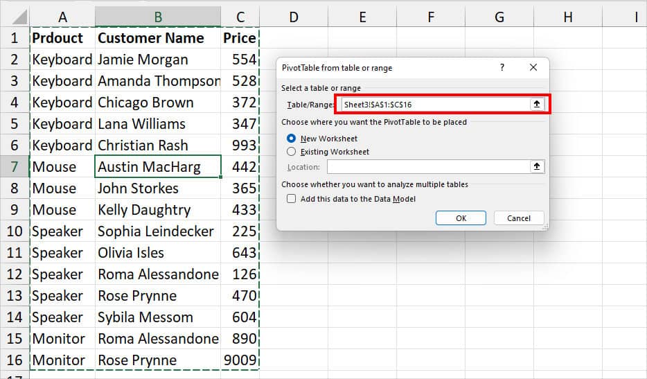 On the Pivot Table window, choose the Table-Range using the collapse icon