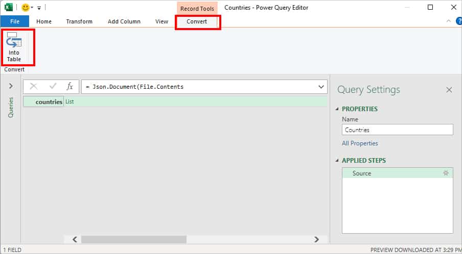 On the Power Query Editor window, stay on the Convert tab. Then, click on Into Table