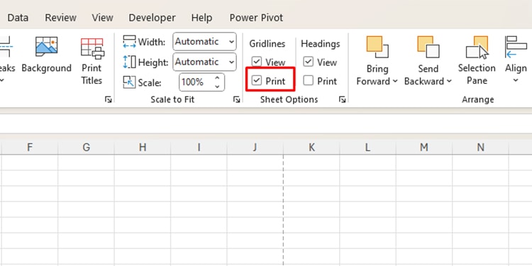 Print in Sheet Options Excel