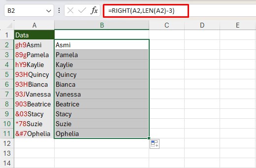 RIGHT function in Excel