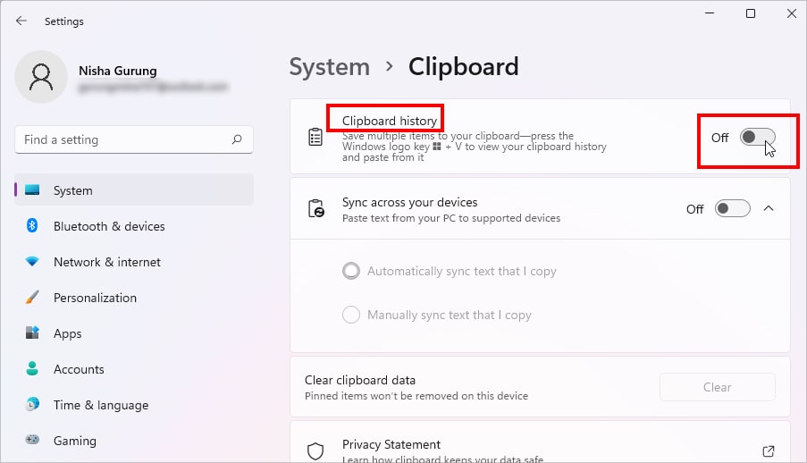 Toggle off the button for Clipboard History