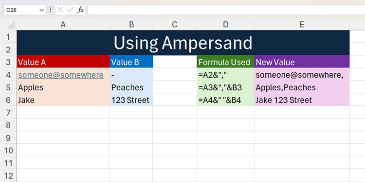 Use Ampersand to add comma in Excel