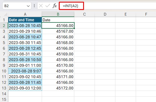 Use INT function to extract Date Values