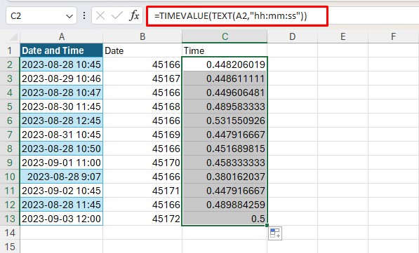 Use TIMEVALUE and TEXT in Excel