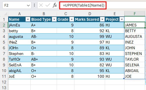 Use UPPER function in Excel