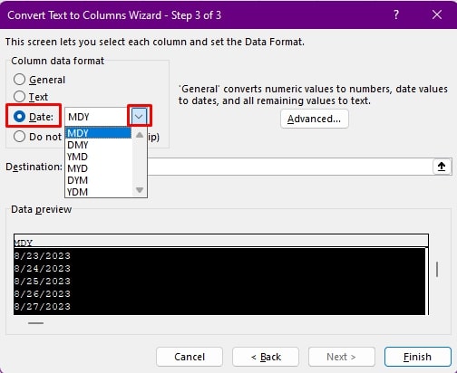 change date Text to Columns 3of3