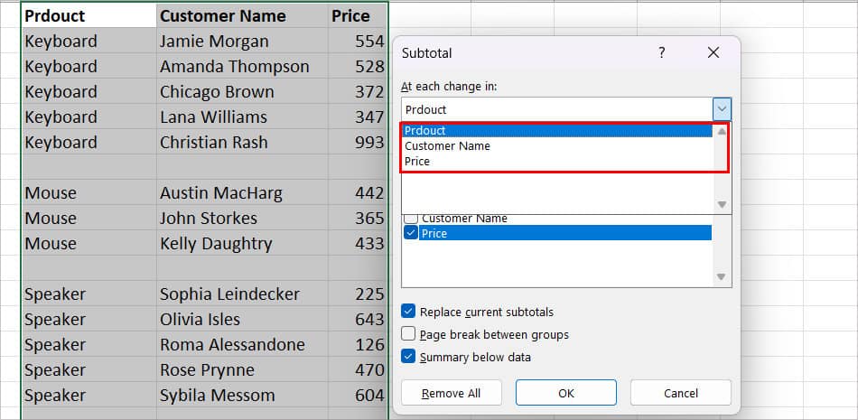 expand the drop-down menu for At each change in and choose a Column