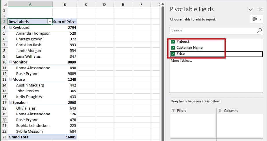 hover over the PivotTable Fields and tick the option for Columns