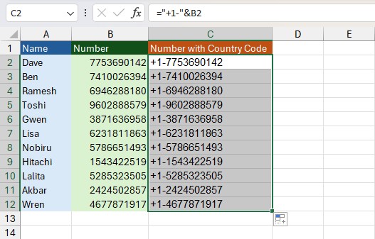 Add Country Code Using Ampersand Excel
