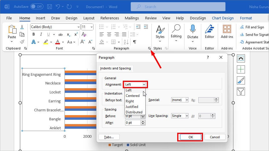 How to Left Align a Chart in Excel