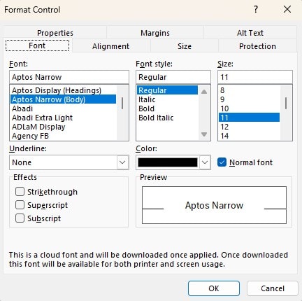 Format Control Window Excel