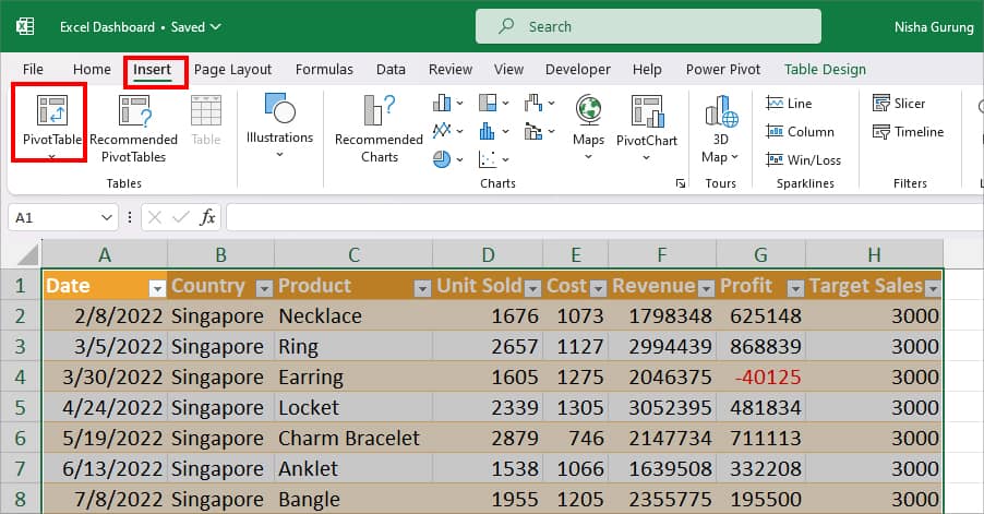 From the Insert Tab, click on PivotTable