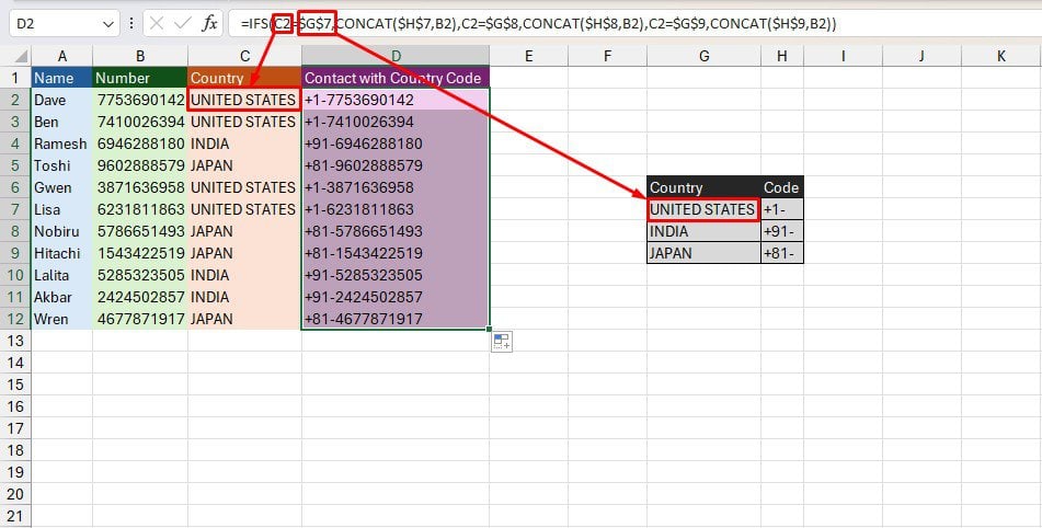 Insert Country Code using IFS function Excel