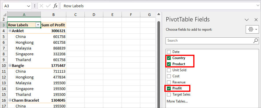 On the PivotTable Fields, tick the boxes for the Variables