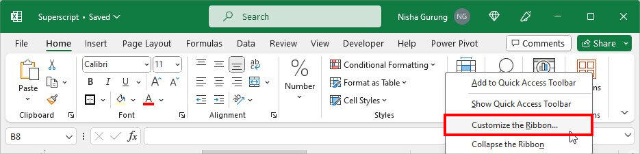 Right-click on Excel Ribbon and choose Customize the Ribbon