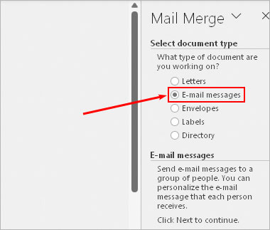 Select-Email-message-under-Mail-Merge