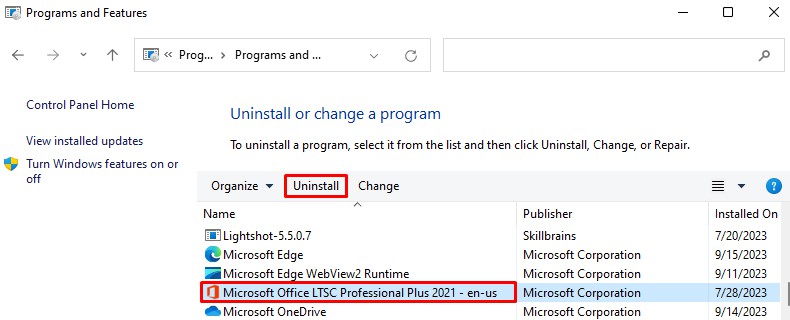 Select-microsoft-office-and-click-uninstall