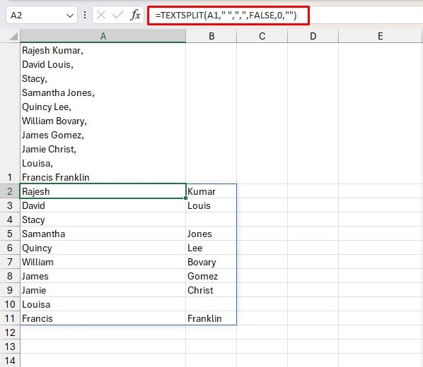 TEXTSPLIT function in Excel