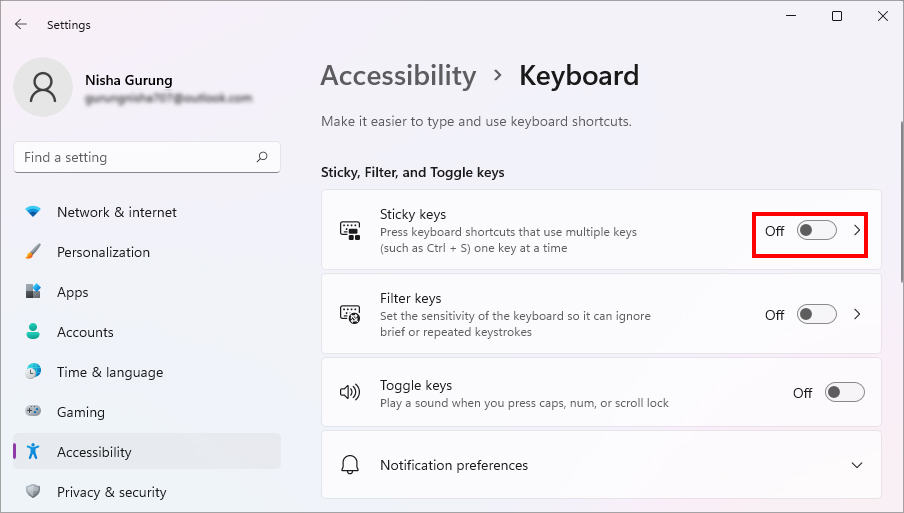Toggle off the button for Sticky keys
