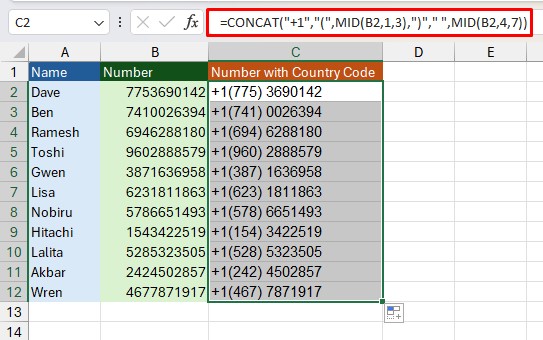 Use CONCAT and MID to add Country Code in Excel