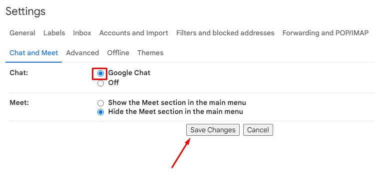 select-google-chat-and-hit-save-changes