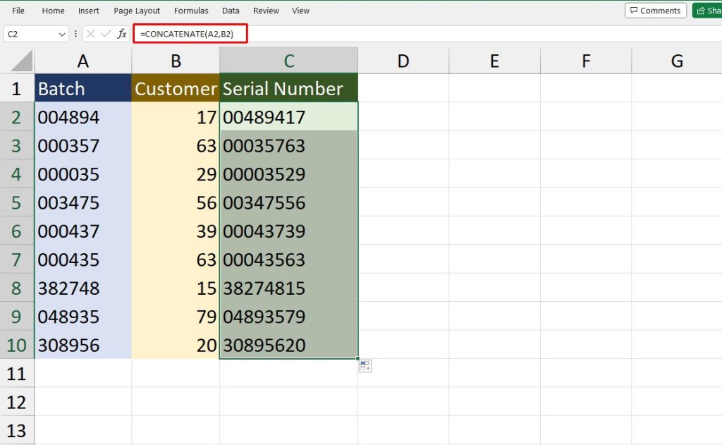 CONCATENATE text numbers in Excel
