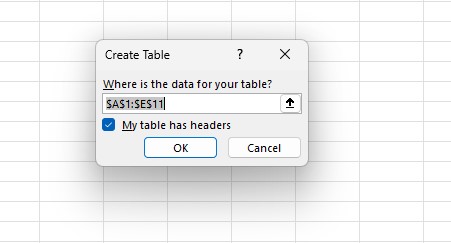 Create Table pop up