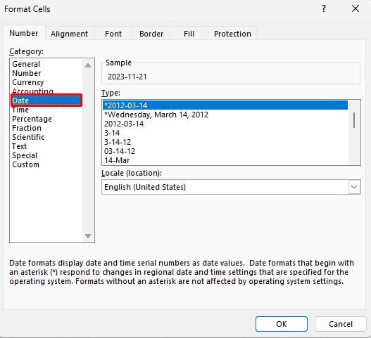 Date tab format cells window