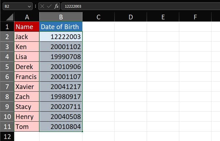 Dates entered as number Excel