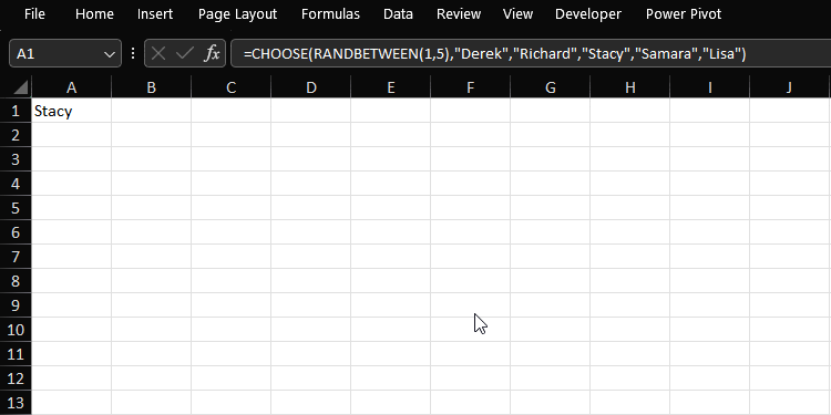 CHOOSE function to generate random names Excel