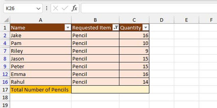 Filtered table Excel