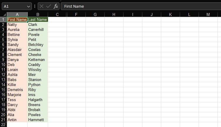 First and Last Names in Excel