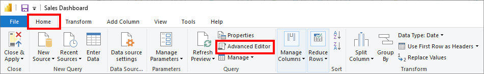 In the Query group, choose Advanced Editor