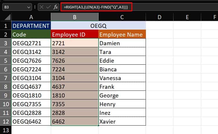 RIGHT LEN and FIND function Excel