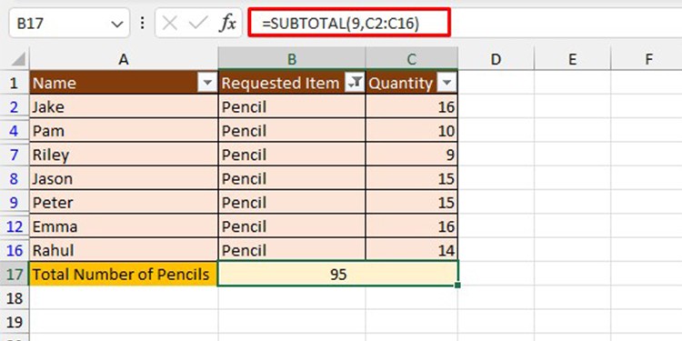 SUBTOTAL function Excel