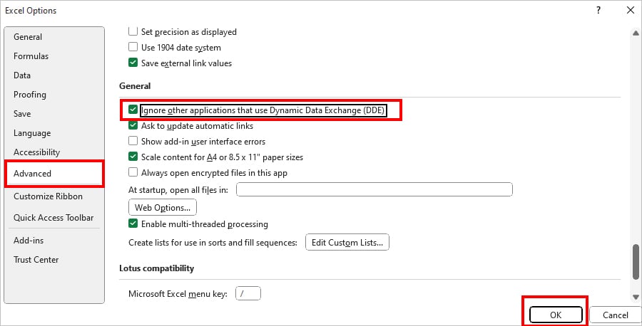 tick the option for Ignore other applications that use Dynamic Data Exchange(DDE)