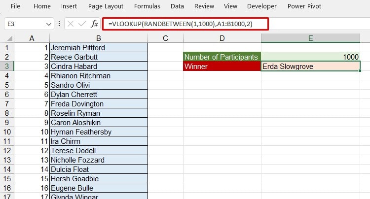 vlookup to generate random names