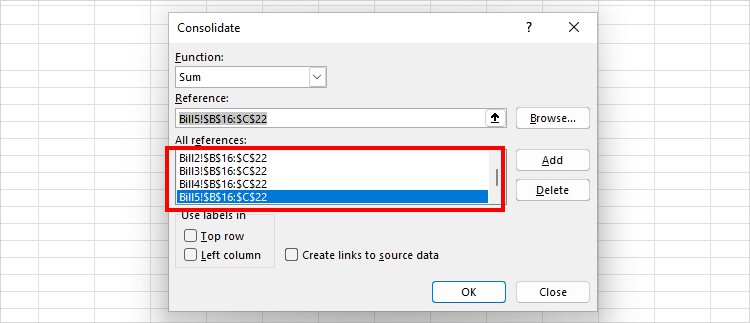 Add Multiple references in the Consolidate Tool