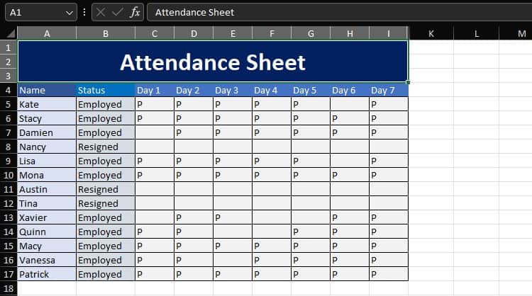 Attendance sheet