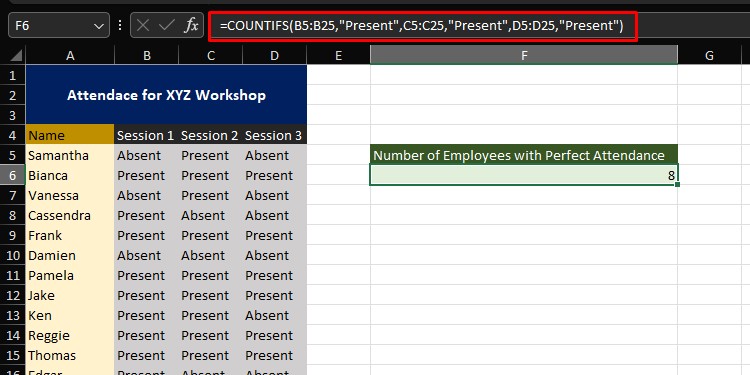 COUNTIFS function to count occurrence