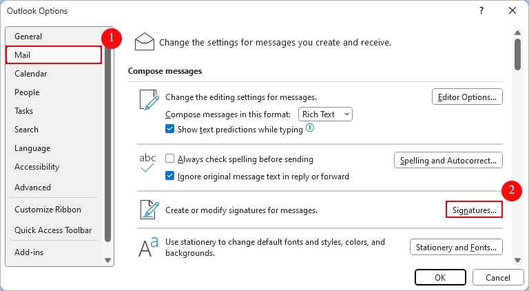 Click-Signatures-Outlook-options