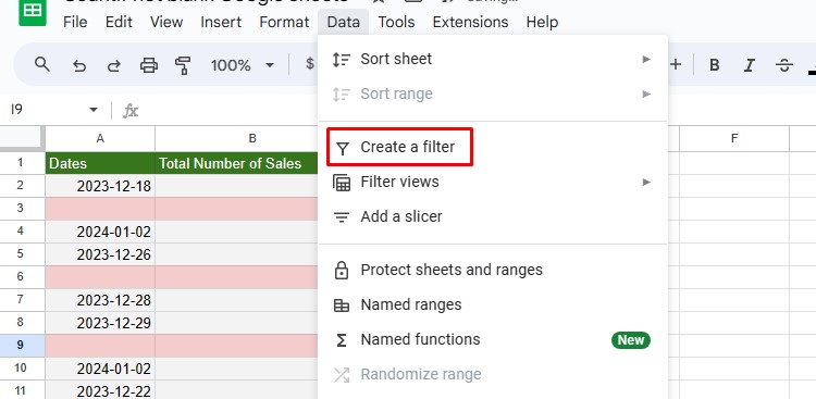 Create a filter gsheets