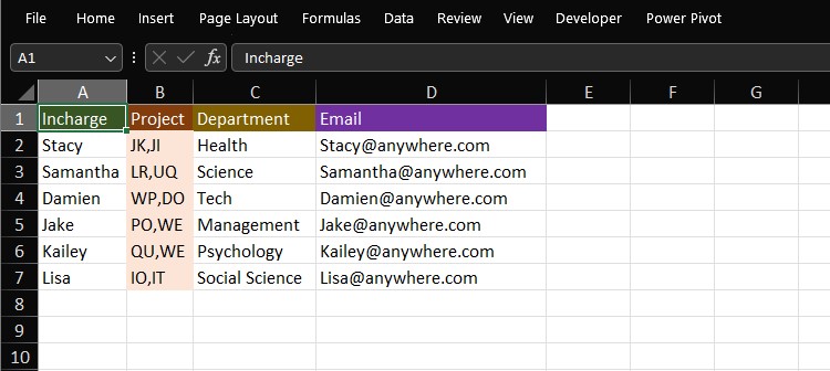 Data table Excel