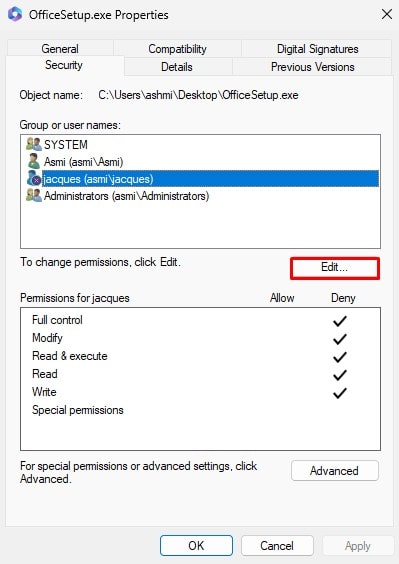 Edit Permissions for User