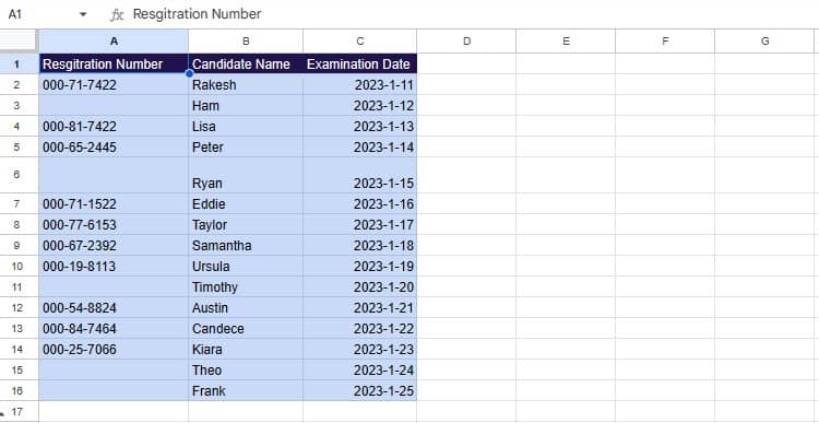 Google sheets table