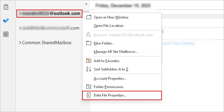 Outlook account Data File Properties