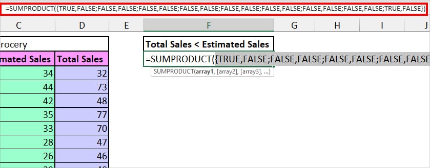 Press F9 to debug SUMPRODUCT formula